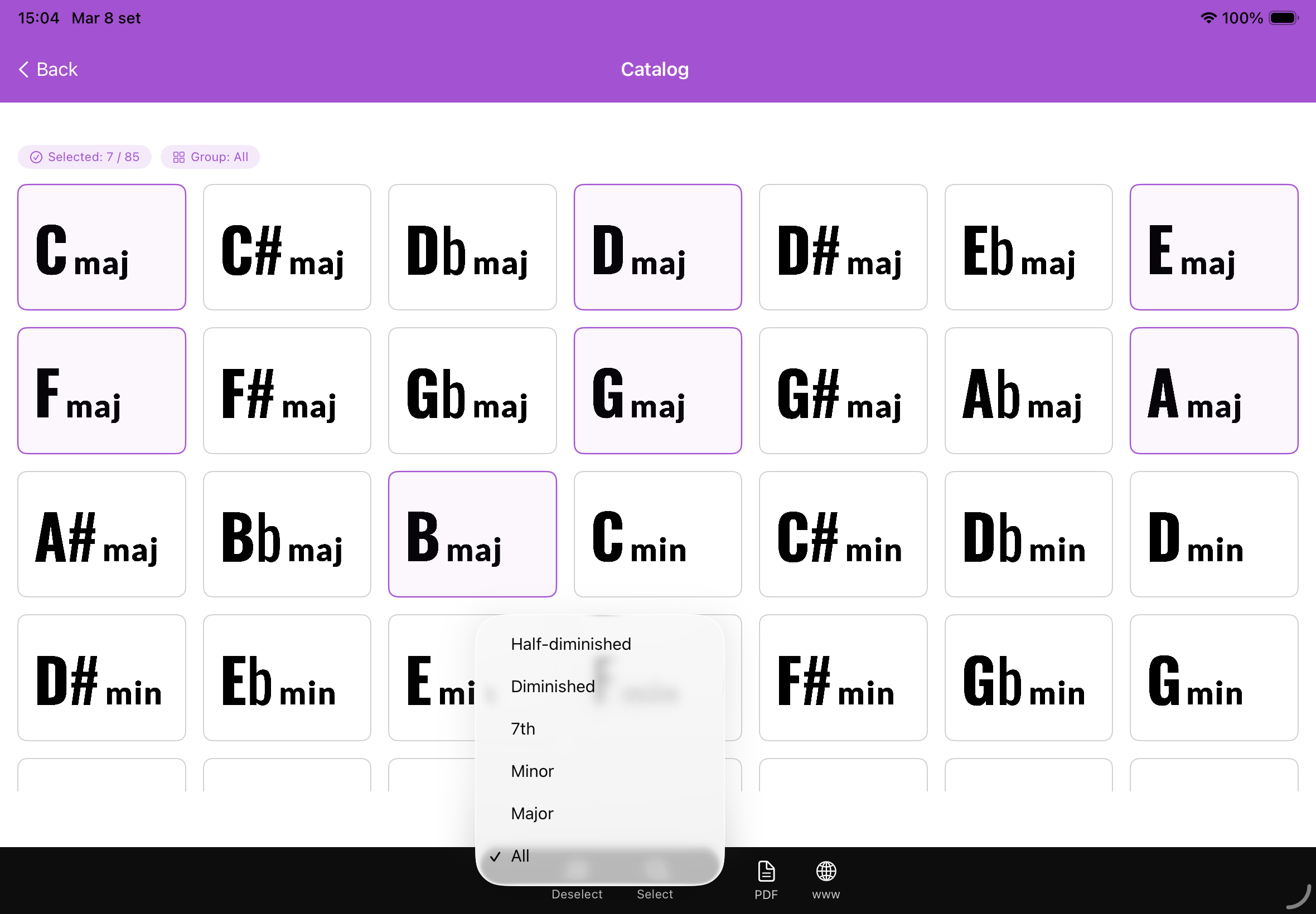Catalogo degli accordi selezionabili in iHarmony Random