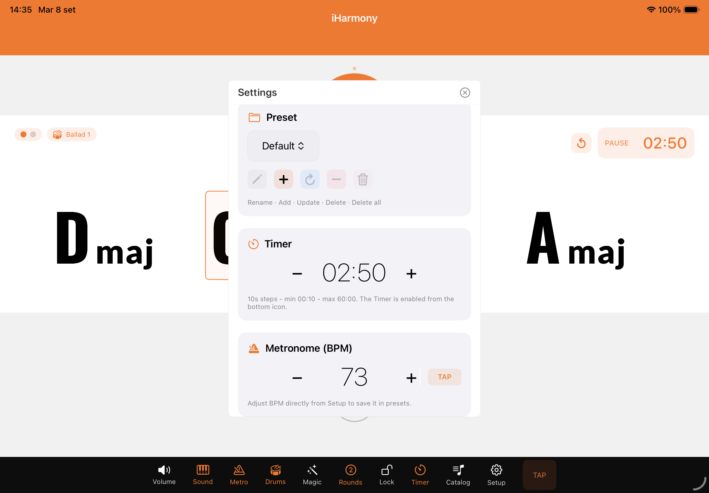 Preset, timer e BPM di iHarmony Random