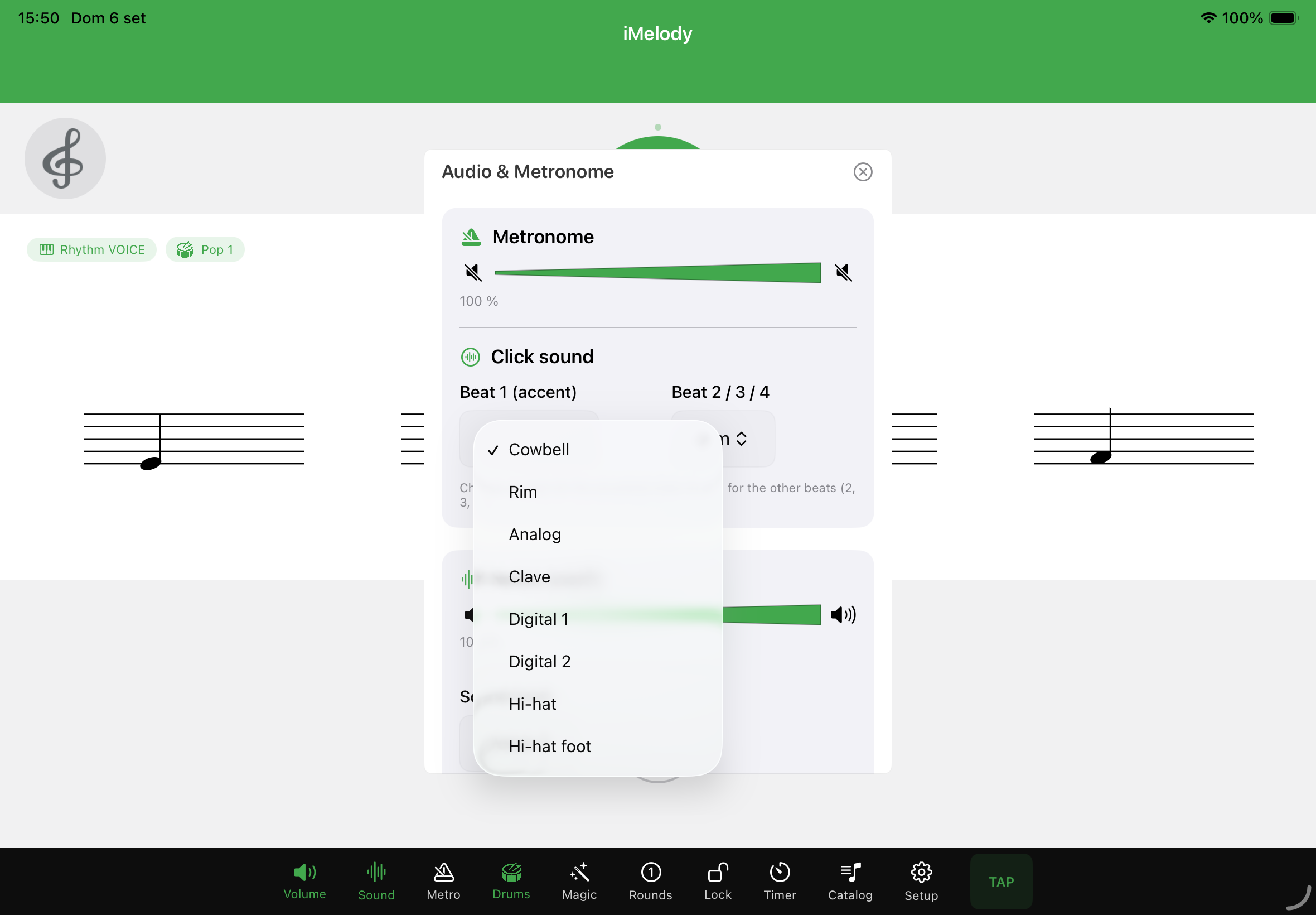 Impostazioni audio e metronomo di iMelody Random
