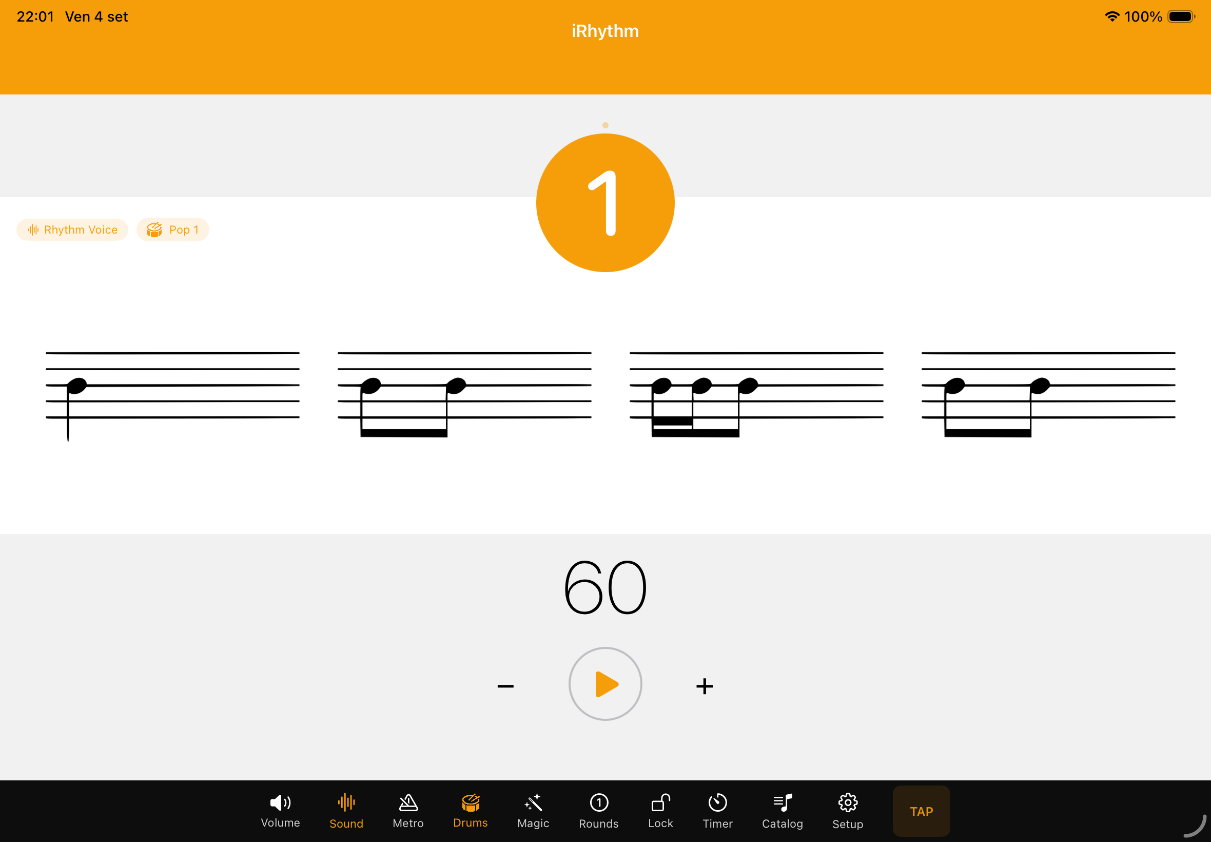 Schermata principale di iRhythm con quattro figure ritmiche e metronomo a 60 BPM