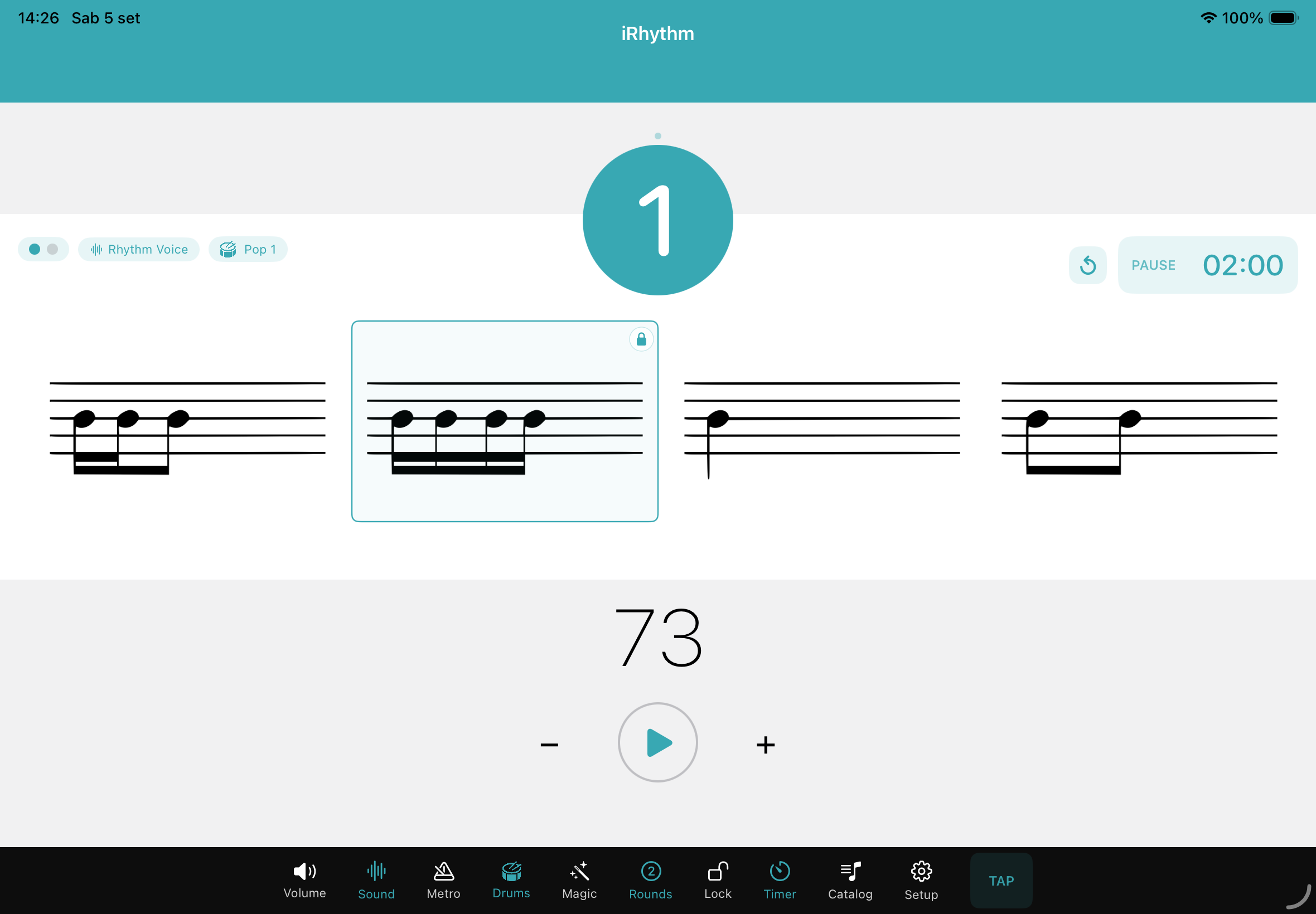 iRhythm Random in esecuzione su iPad con tre figure ritmiche, timer e metronomo