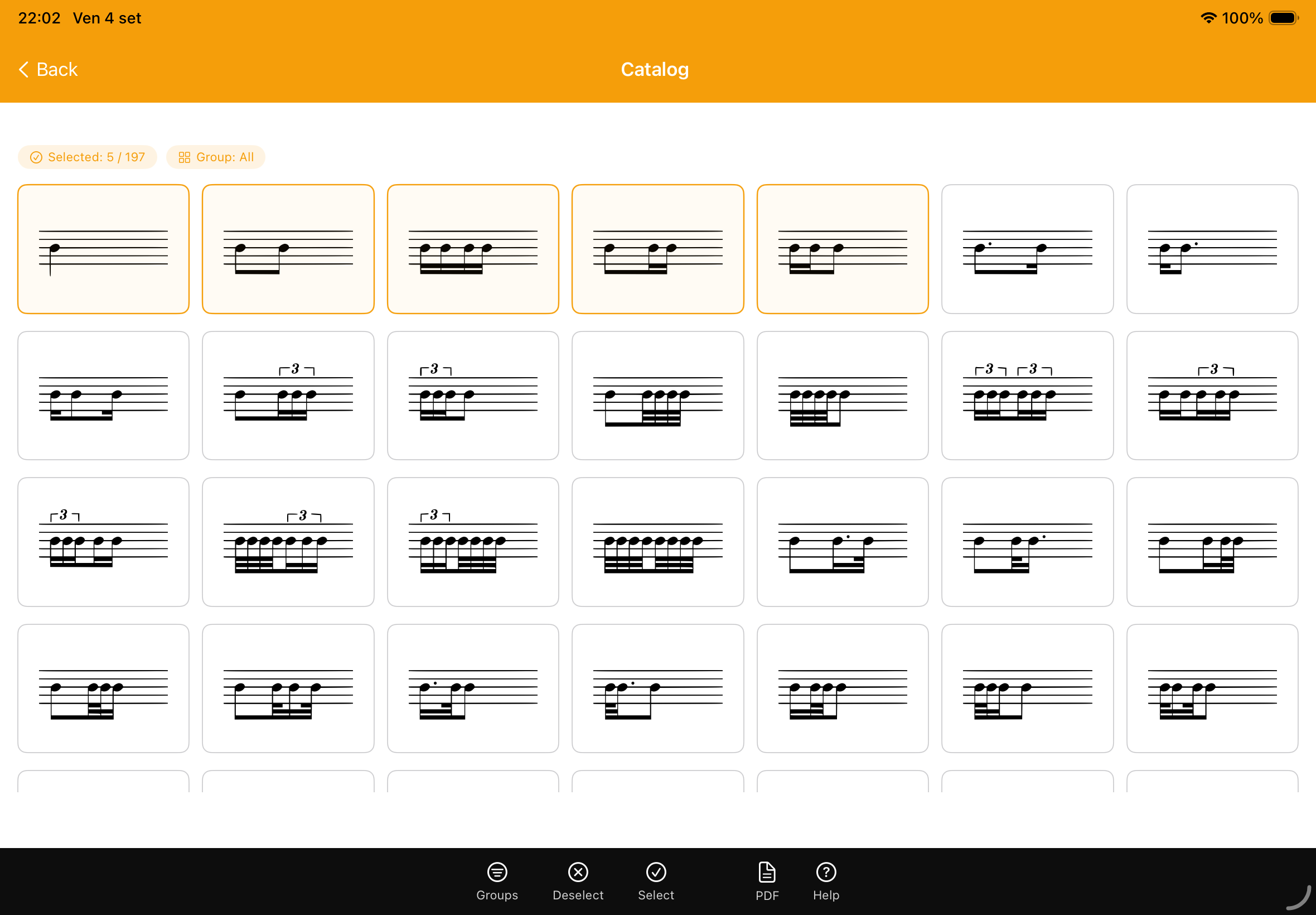 Catalogo di iRhythm con numerose figure ritmiche selezionabili