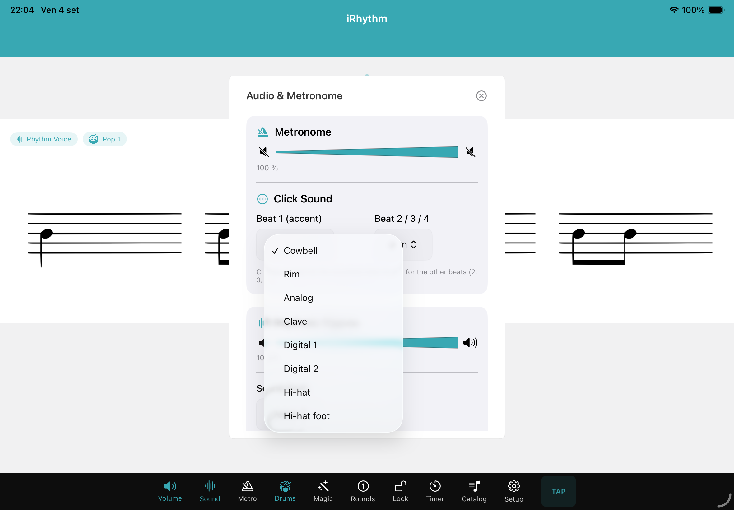 Impostazioni audio e metronomo di iRhythm