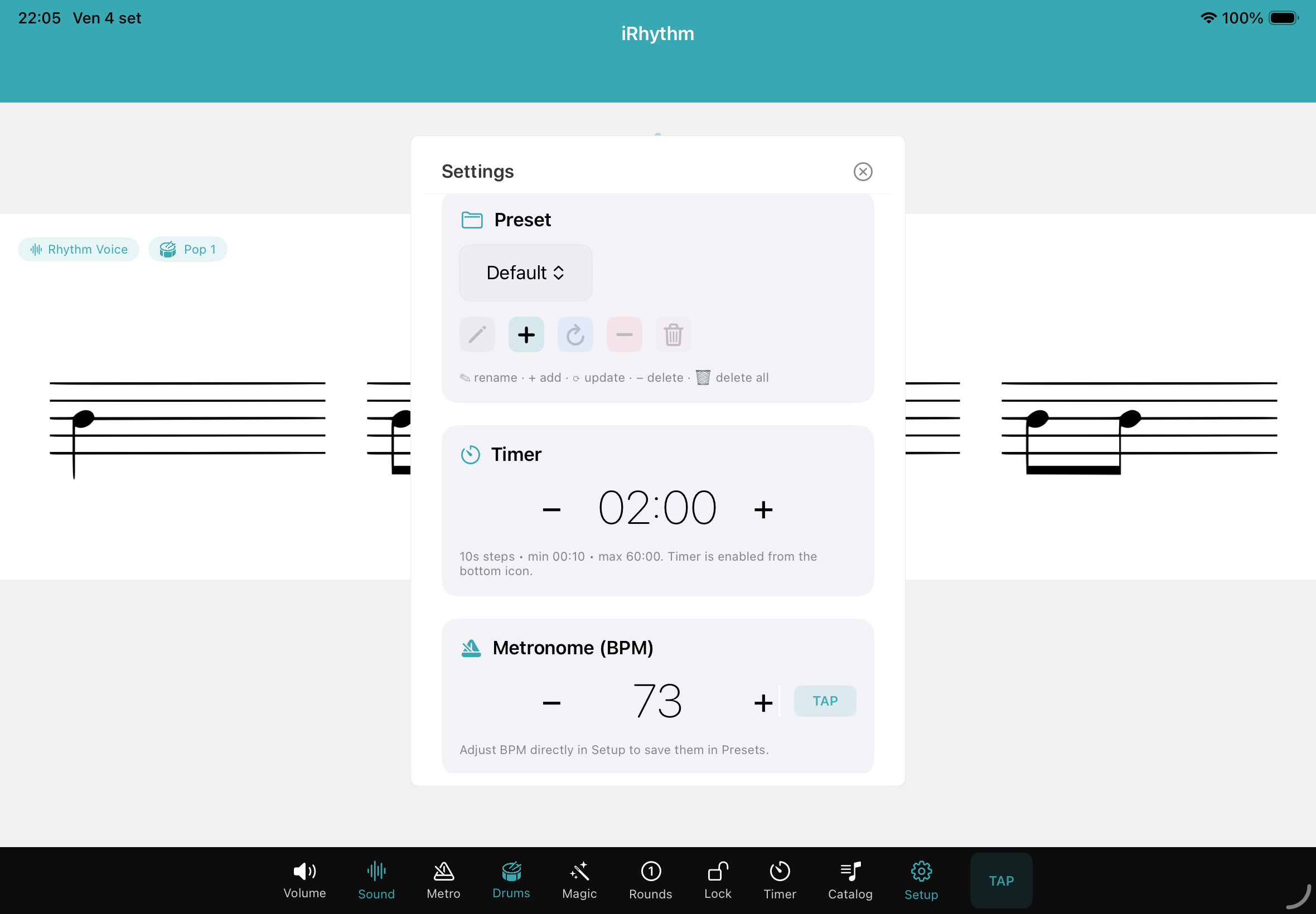 Pannello di iRhythm con preset, timer e metronomo