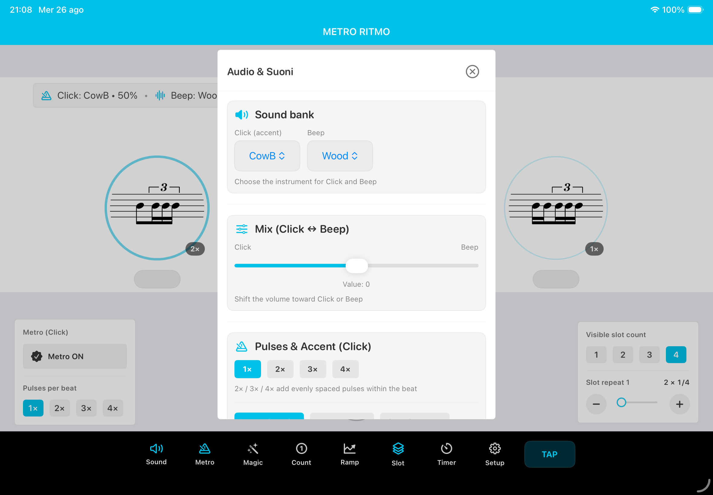 Pannello audio e controllo Mix di Metro Ritmo