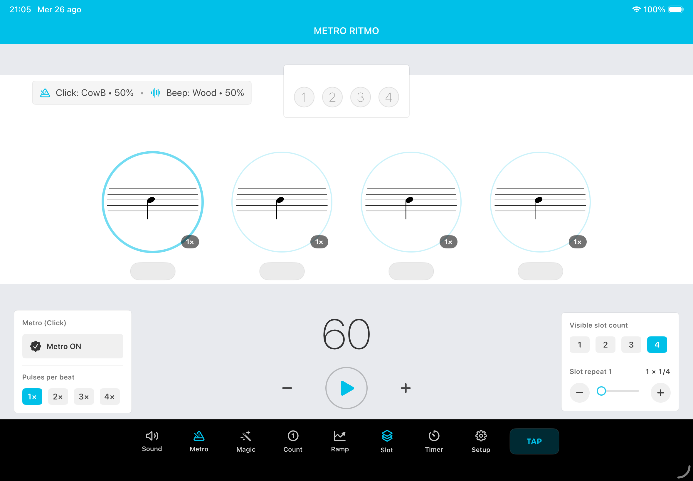 Schermata principale di Metro Ritmo con quattro slot ritmici